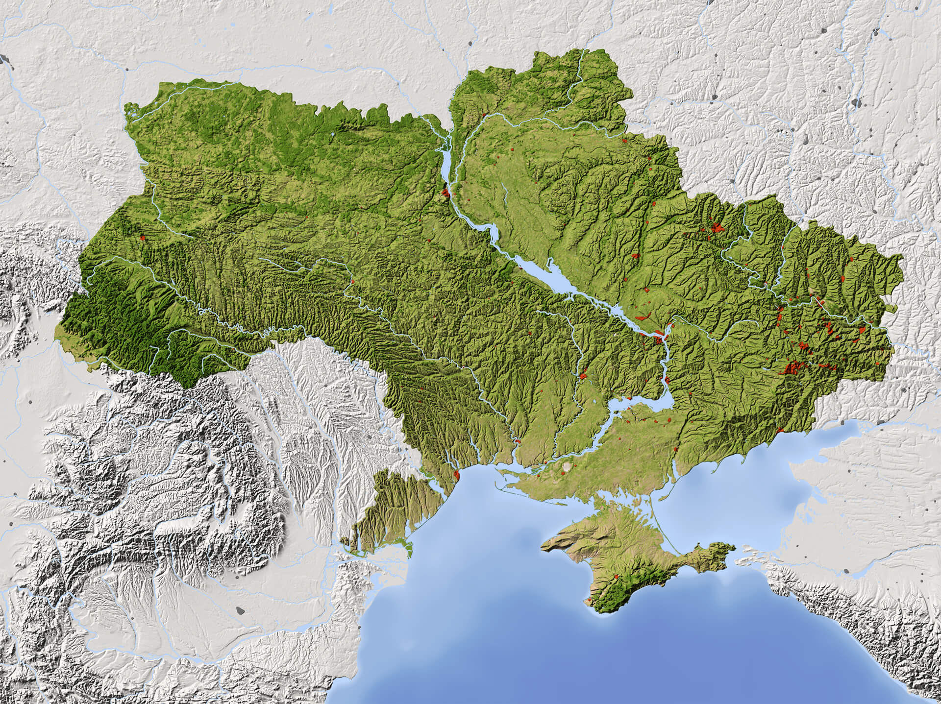 Shaded Relief Map of Ukraine
